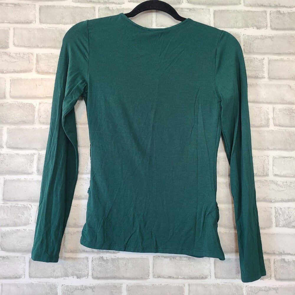 Express Solid Ruched Twist Front Long Sleeve TeeTeal Green Size Small NWT - Picture 2 of 8